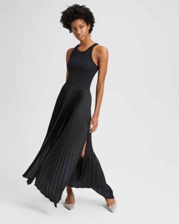 Theory Vinessi Pleated Maxi Dress Black Size M NWT $375 Classic - Picture 1 of 5
